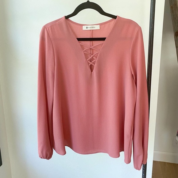 THE IMPECCABLE PIG Women's Dusty Pink Crepe Long Sleeve Caged V-Neck Blouse sz S - Picture 2 of 7